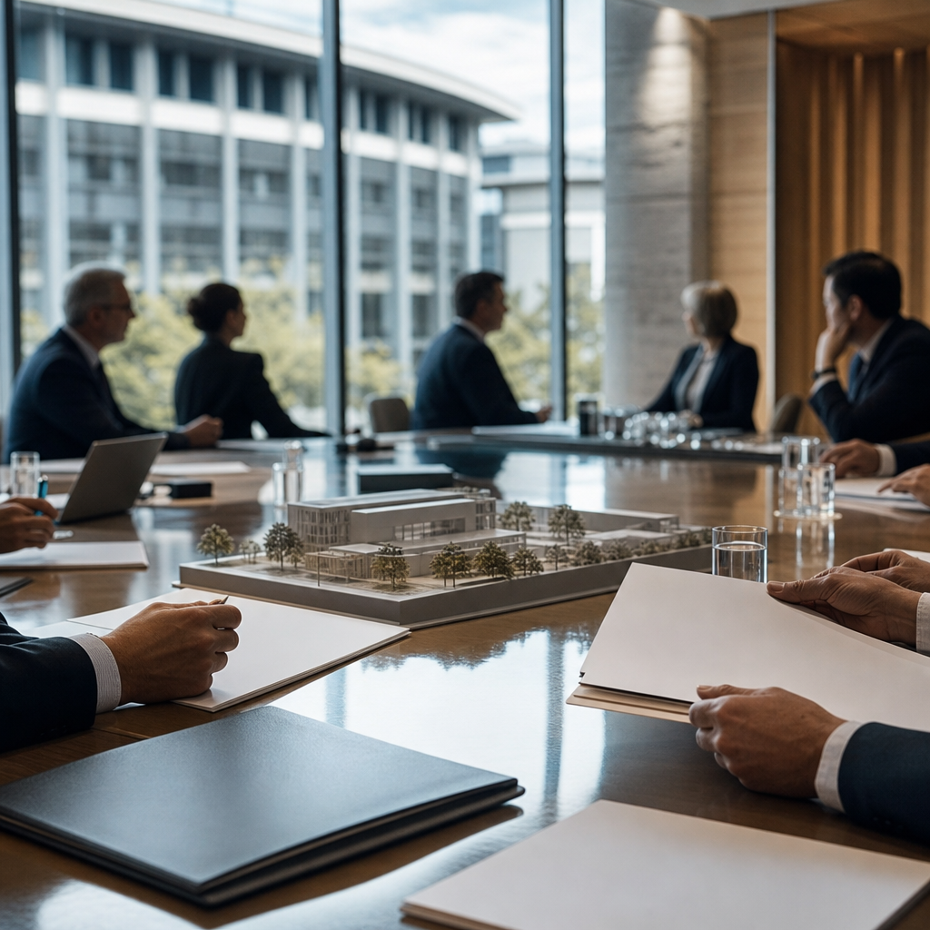 Modern premium editorial photography, 16:9 landscape header composition. A sophisticated government-owned company boardroom…