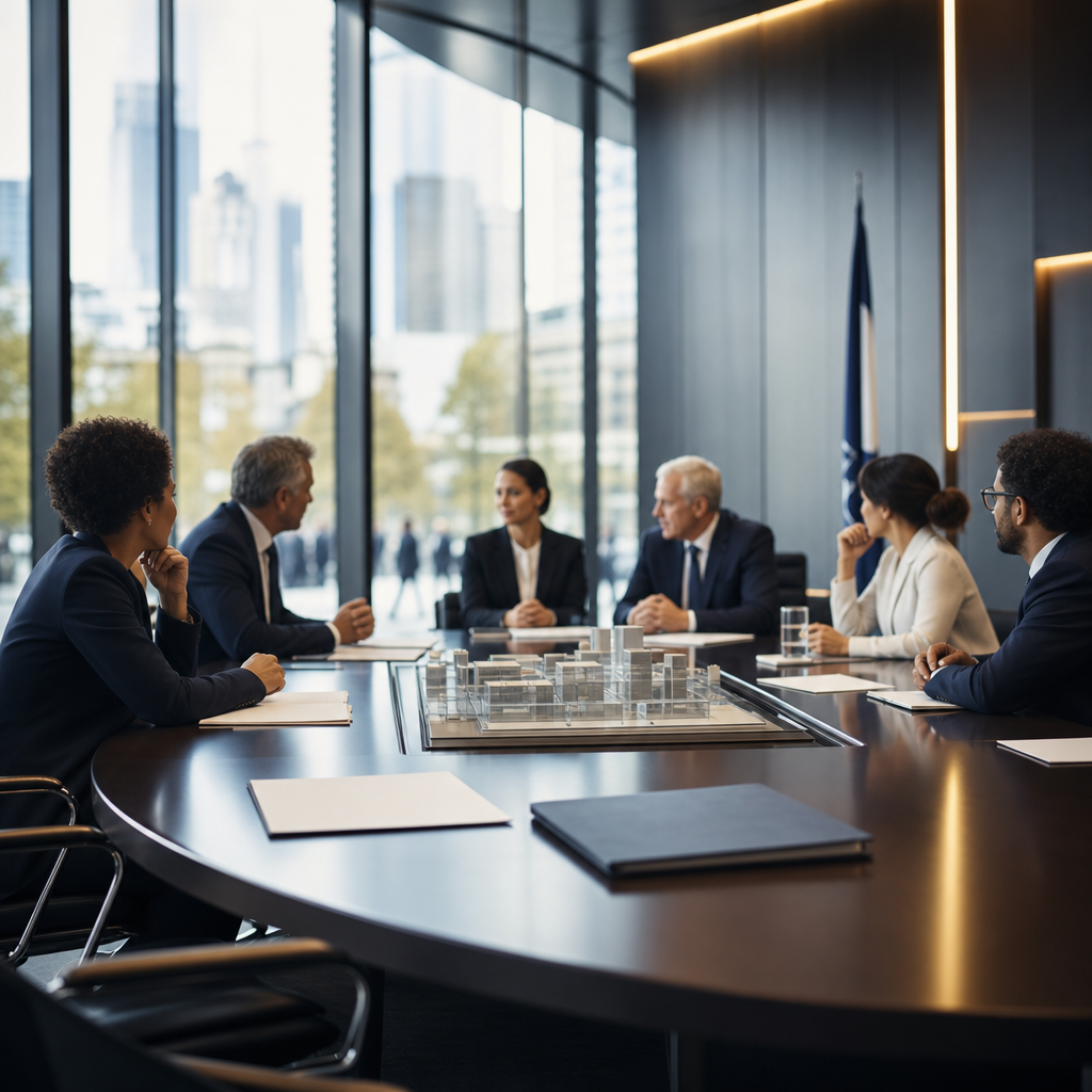 Modern premium editorial photograph, 16:9 landscape, showing a refined government-corporate boardroom inside a contemporary…