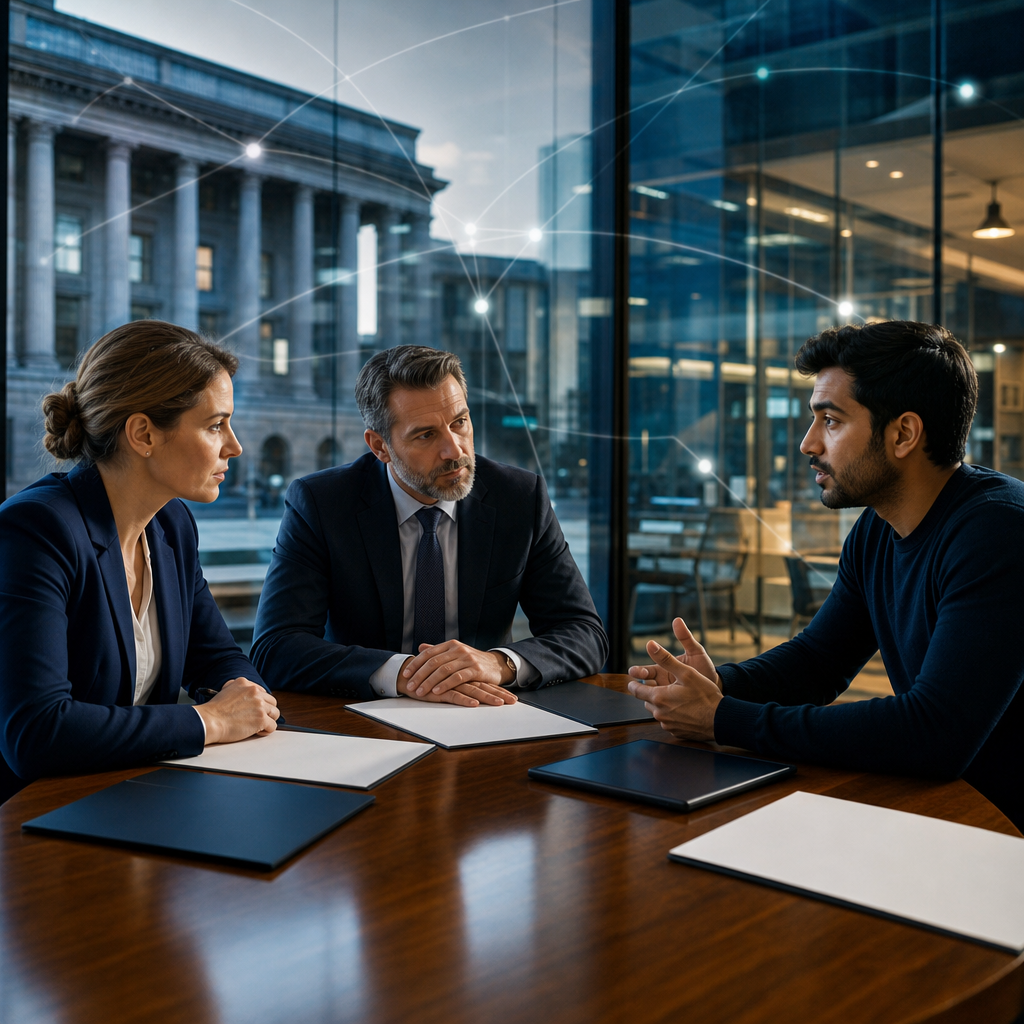 Modern premium editorial photograph, 16:9 landscape, showing a sophisticated meeting table where a public-sector legal…