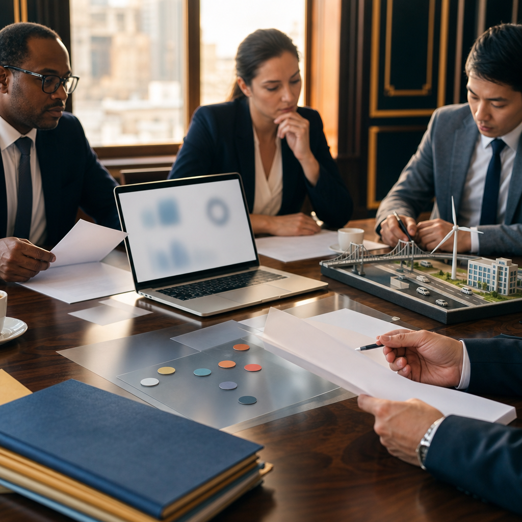 Modern premium editorial photograph, 16:9 landscape, showing a public procurement planning workspace in a refined…
