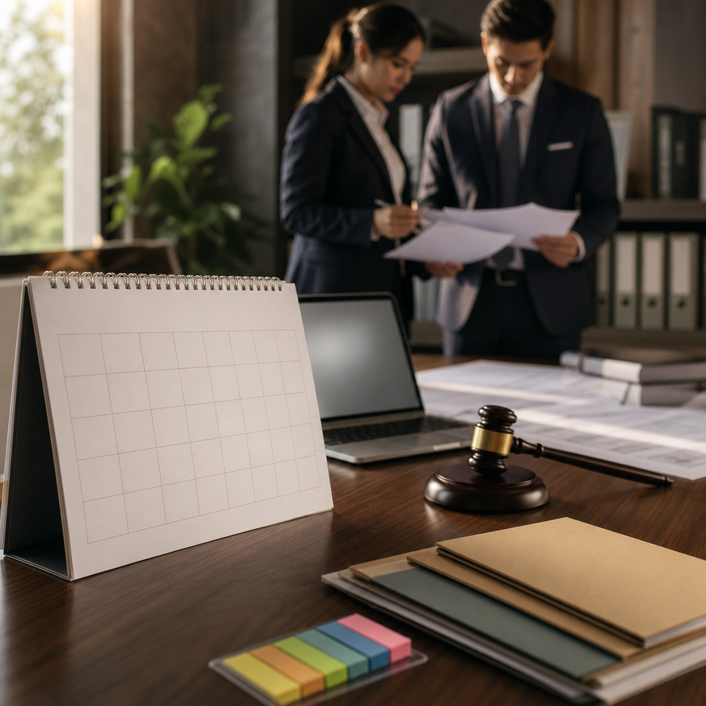 Modern premium editorial photograph, 16:9 landscape, showing a sophisticated public procurement planning workspace in a…