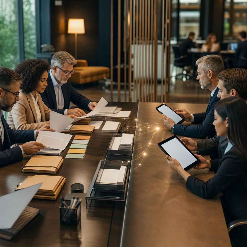 Modern premium editorial photograph, 16:9 landscape, showing a Brazilian public procurement compliance workflow without any…