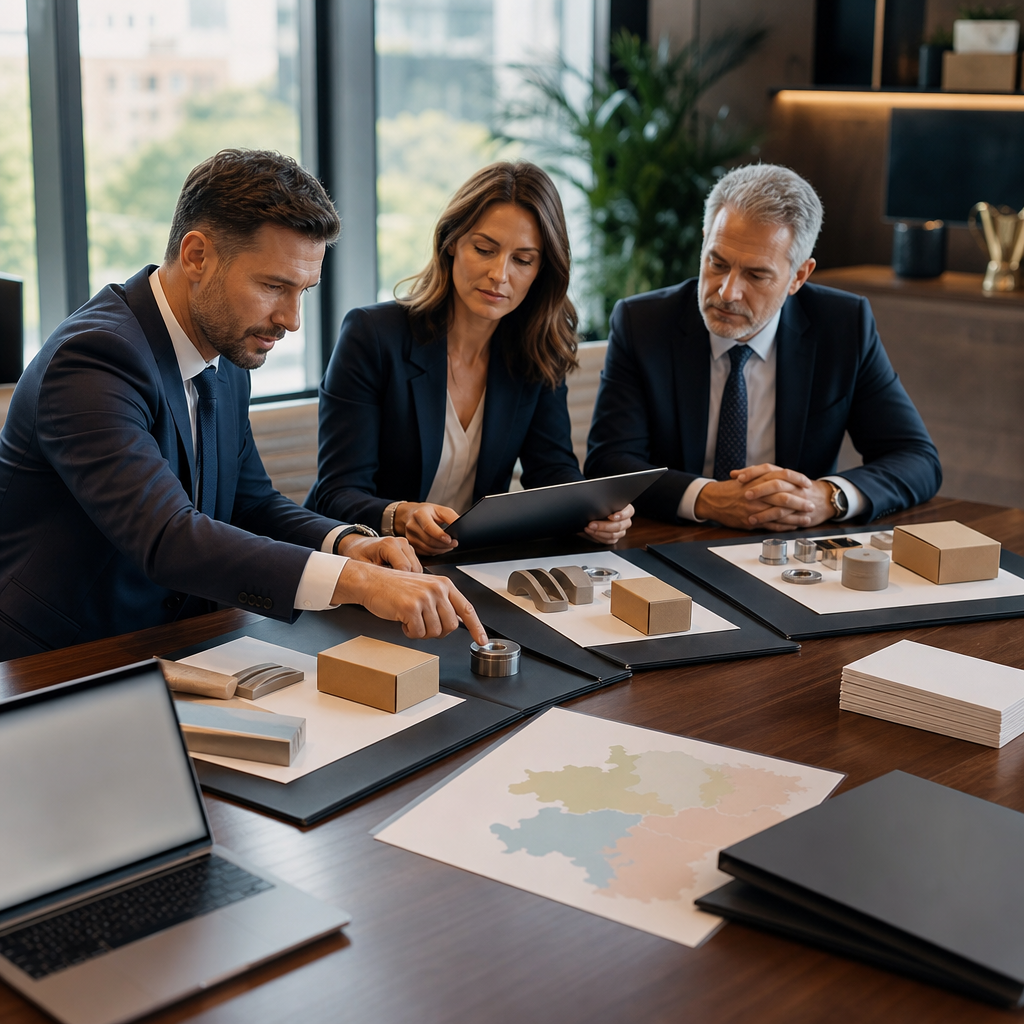 Modern premium editorial photograph, 16:9 landscape, showing a public procurement evaluation meeting in a sleek office…