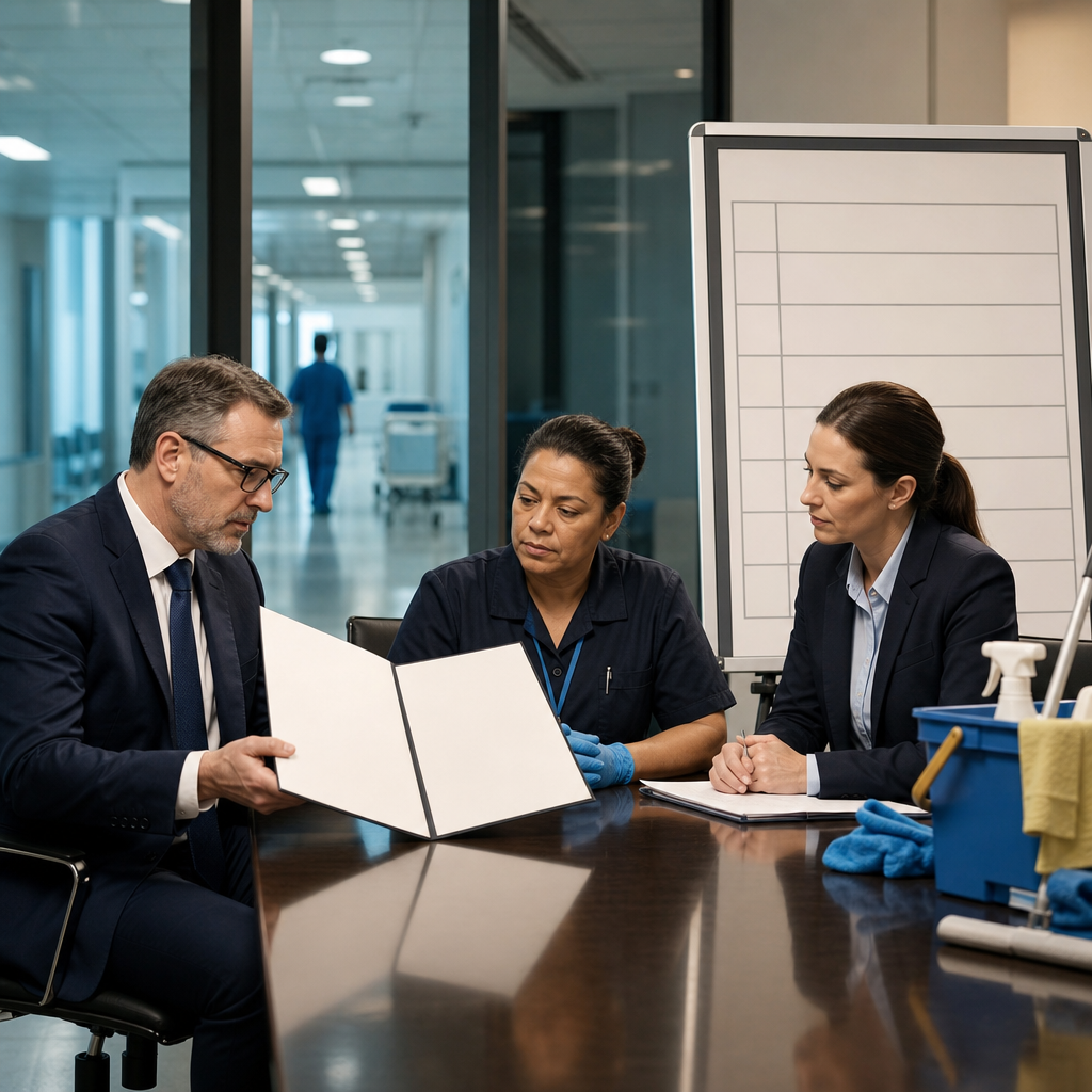Modern premium editorial photograph, 16:9 landscape, inside a contemporary public administration meeting room connected…