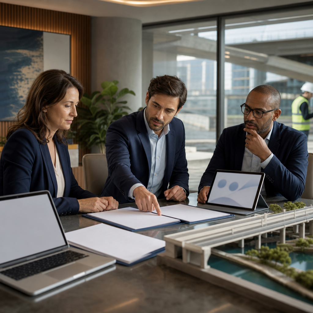 Modern premium editorial photograph, 16:9 landscape, inside a refined public administration office. A diverse team of…