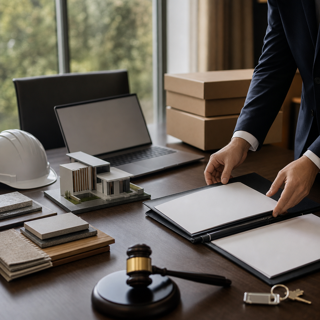 Modern premium editorial photograph, landscape 16:9, showing a refined government procurement planning scene on a polished…