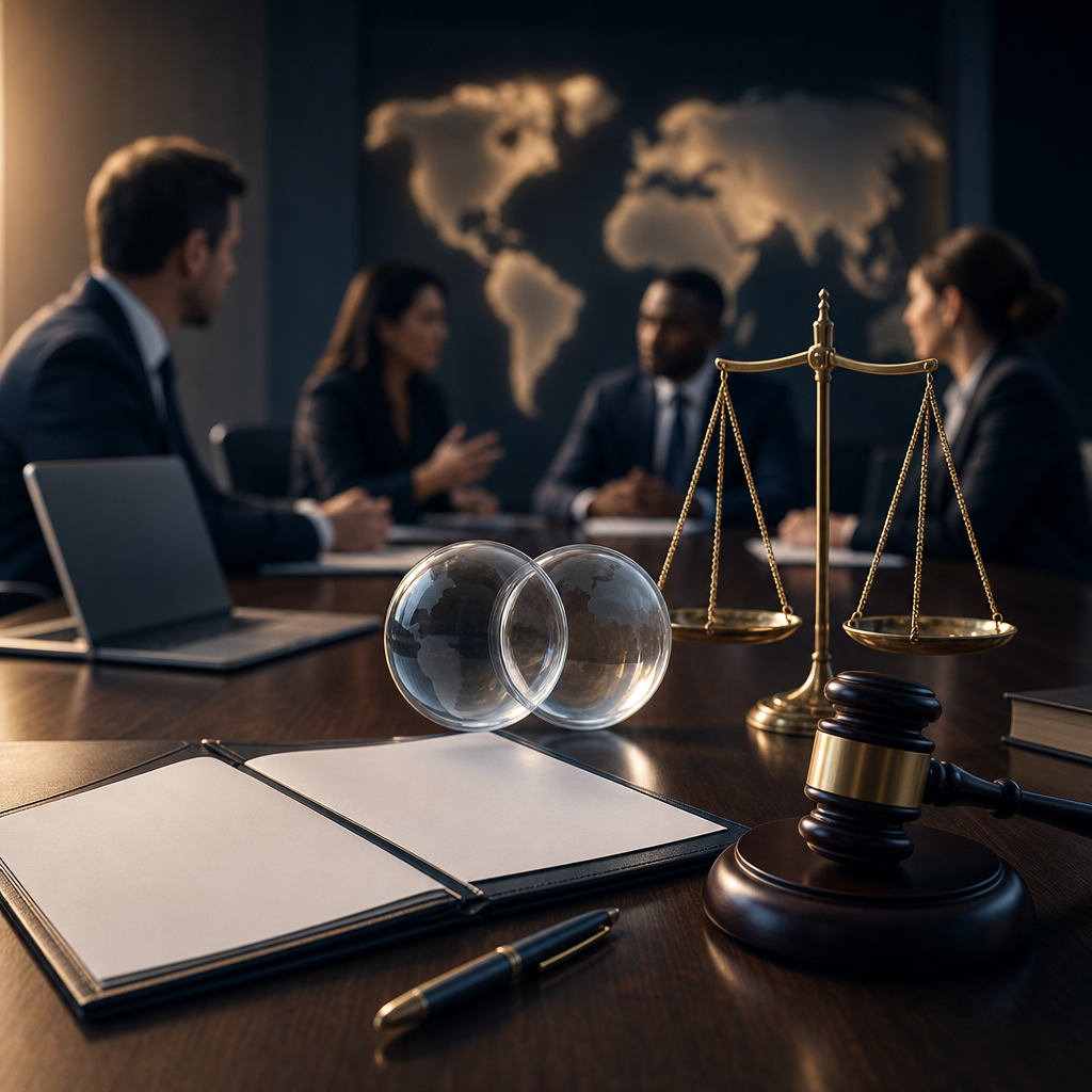 Modern premium editorial photograph, 16:9 landscape, illustrating legal compatibility between national public procurement…