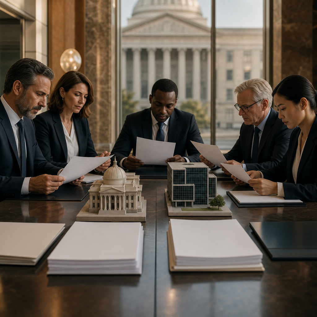 Modern premium editorial photograph, landscape 16:9, inside a sophisticated public administration office with a blurred…