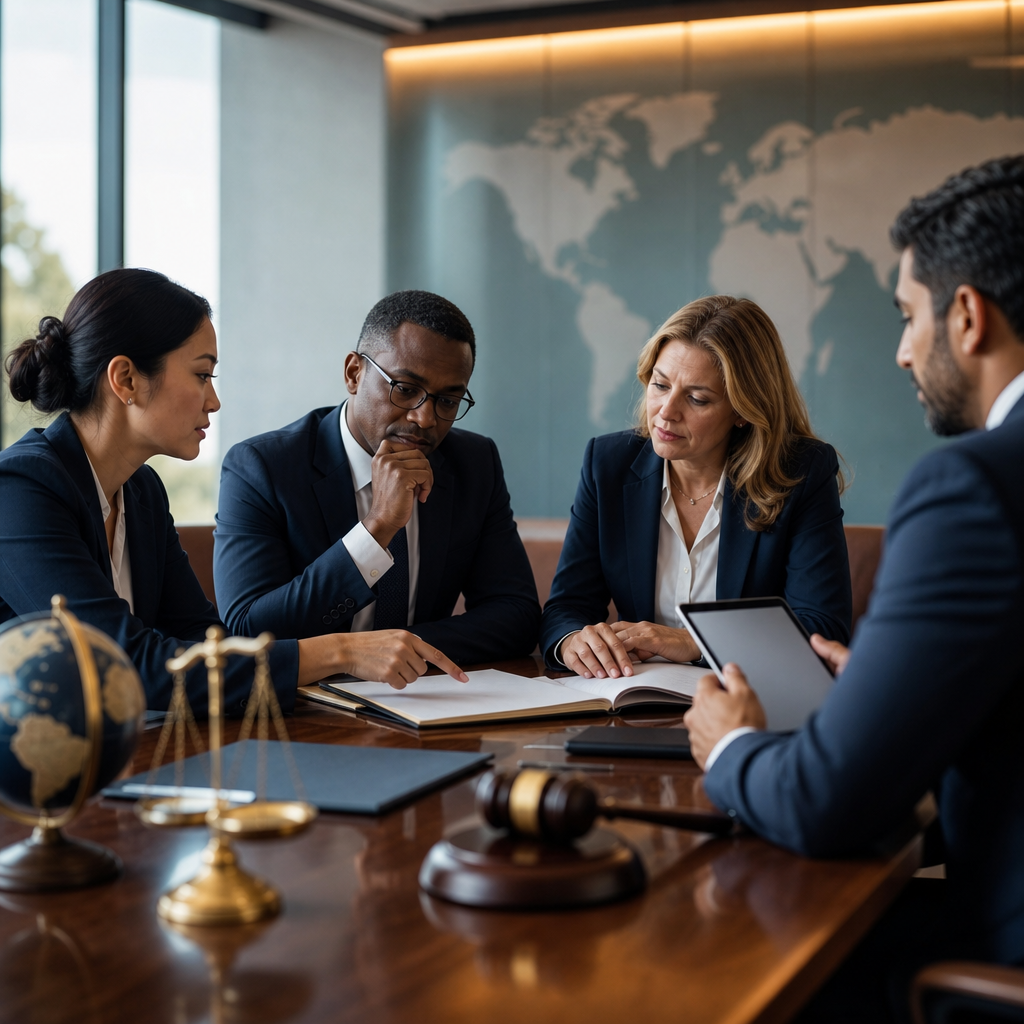 Modern premium editorial photograph, landscape 16:9, showing a sophisticated government procurement meeting room. On a…