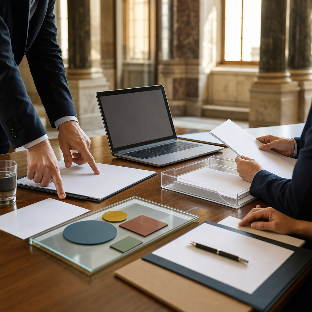 Modern premium editorial photography, 16:9 landscape header-style composition. A refined public administration workspace…