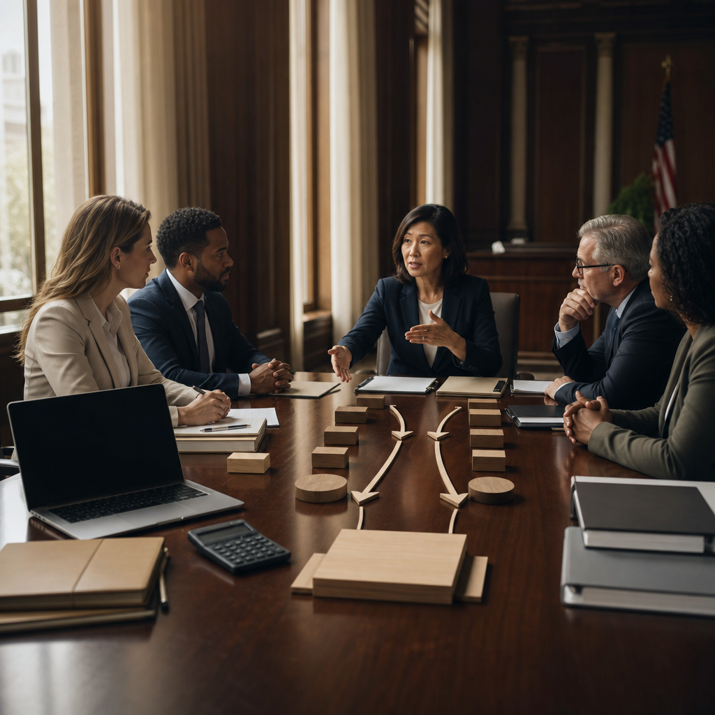 Modern premium editorial photograph, 16:9 landscape, showing a public procurement planning meeting in an elegant…