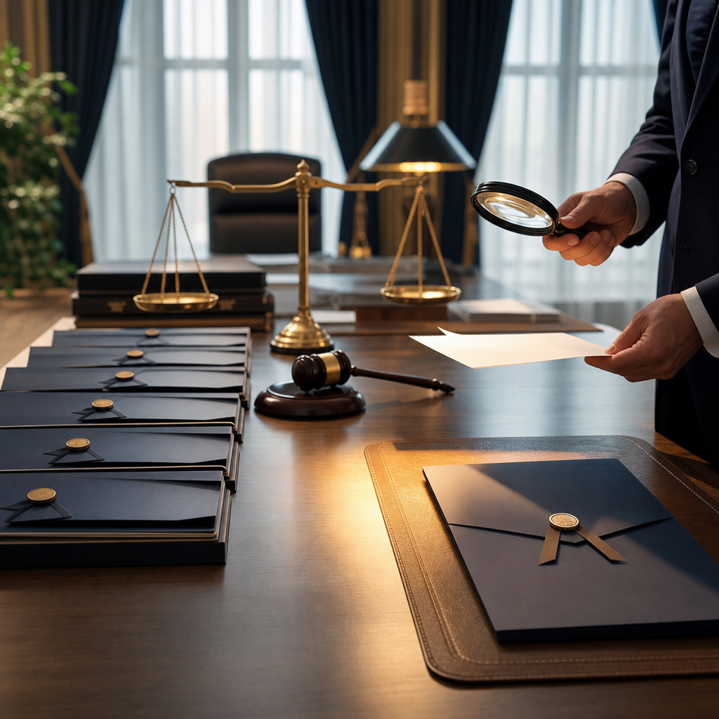 Modern premium editorial photograph, 16:9 landscape, illustrating a public procurement legal decision without any visible…