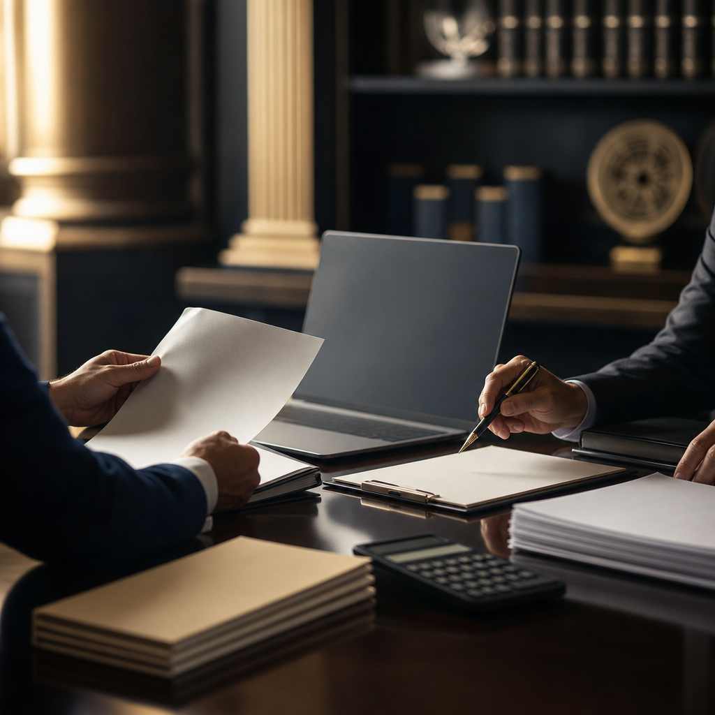 Modern premium editorial photograph in 16:9 landscape for a legal procurement blog header. A refined government procurement…