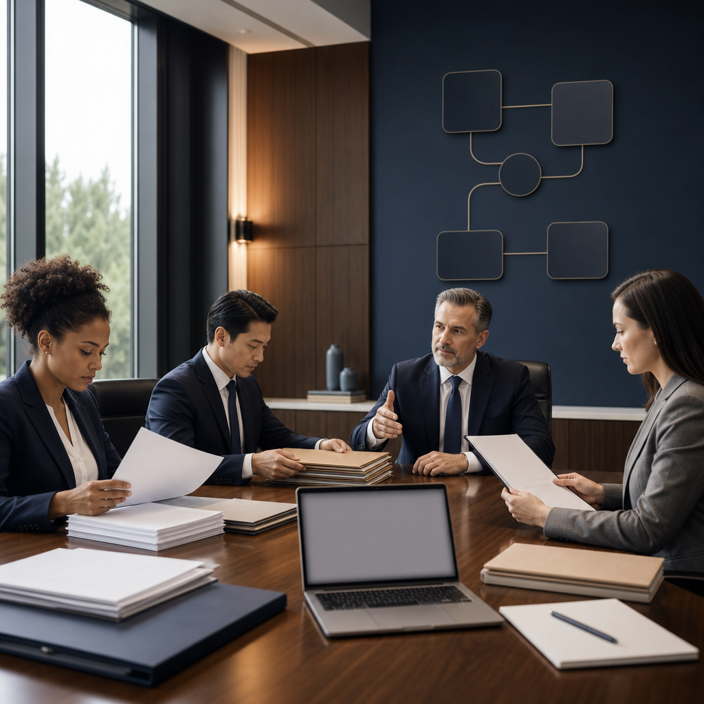 Modern premium editorial photograph, 16:9 landscape, depicting a public procurement workflow meeting in a sophisticated…