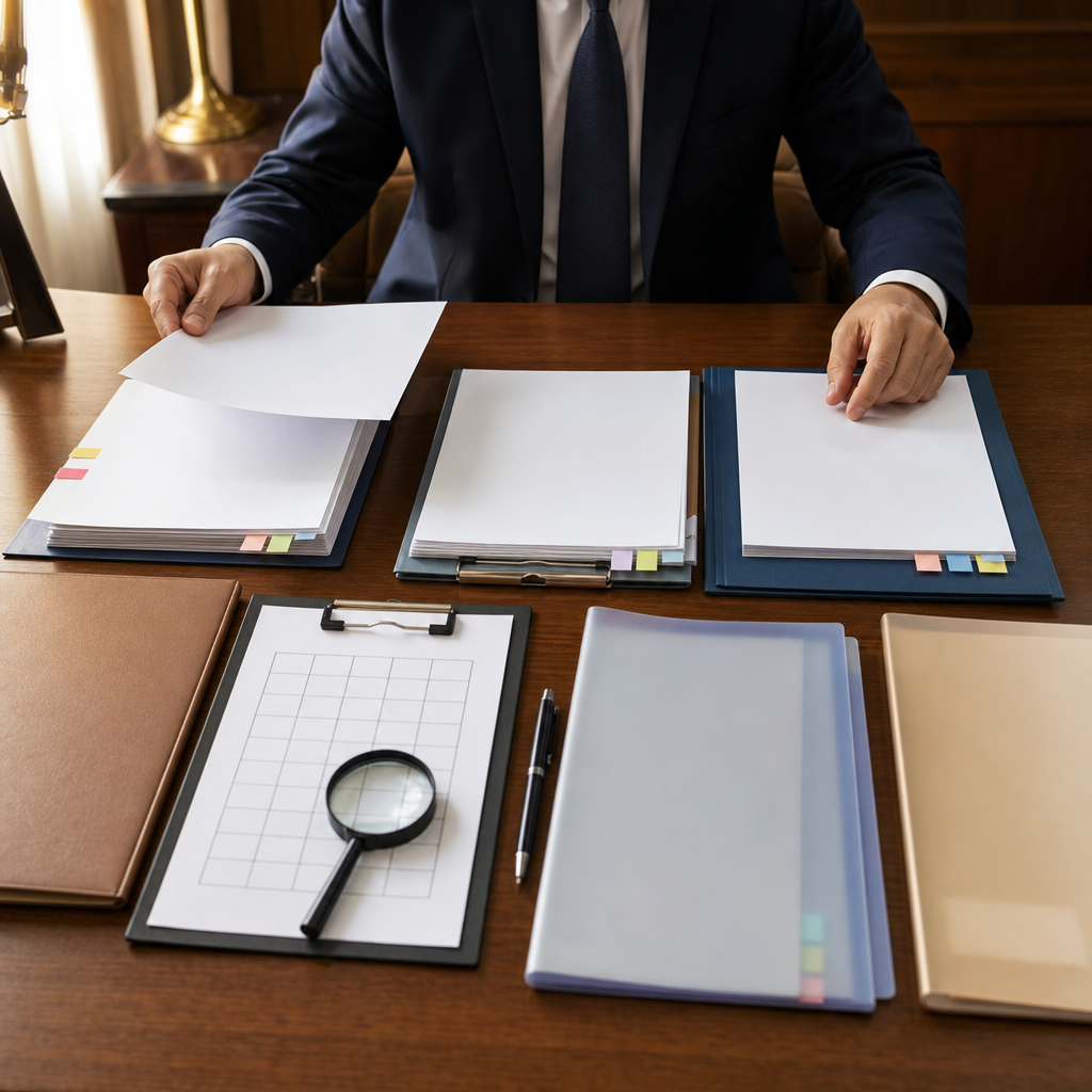 Modern premium editorial photograph, 16:9 landscape, showing a public-sector manager’s desk arranged as a coherent…