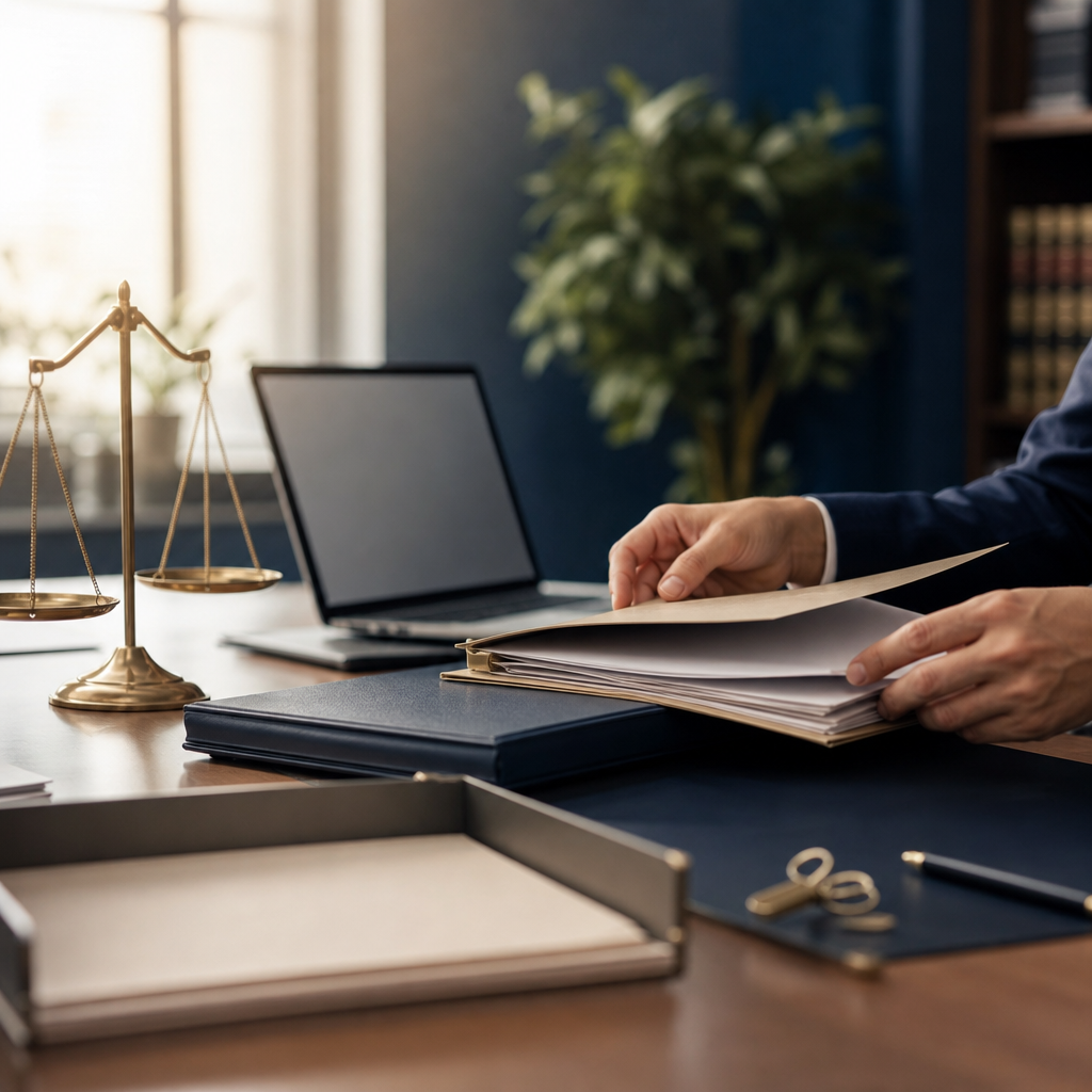Modern premium editorial photograph, 16:9 landscape, inside a sophisticated public administration office. A contract…