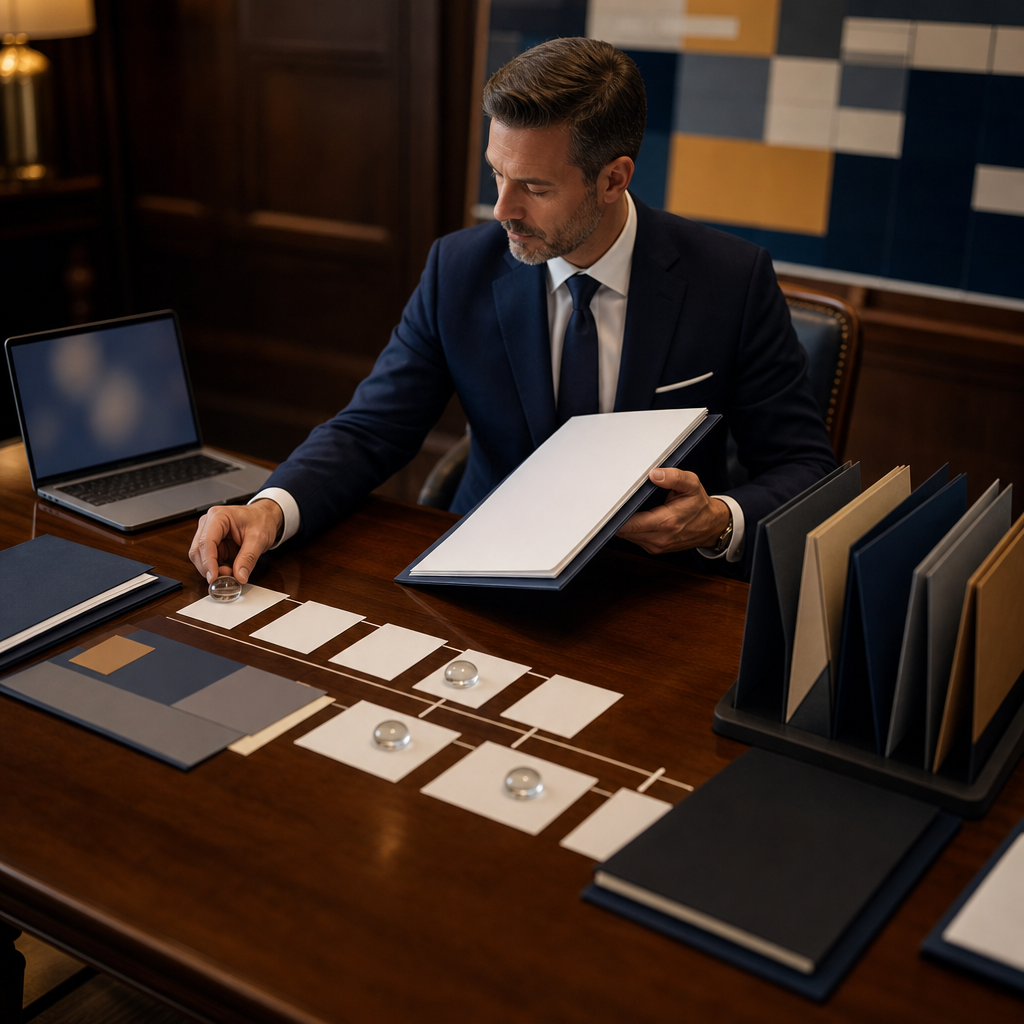 Modern premium editorial photograph, 16:9 landscape, showing a public contract management workspace viewed from a slightly…