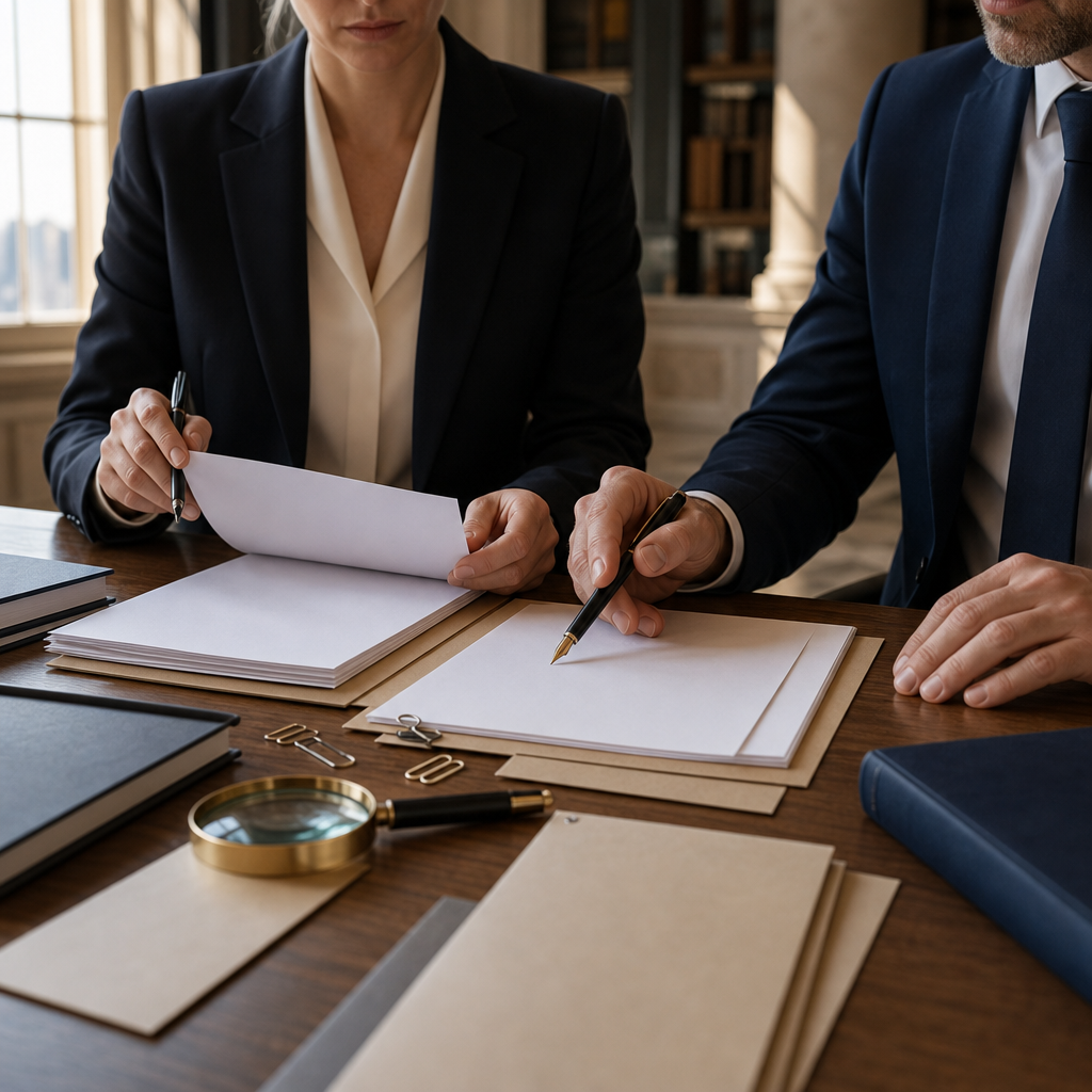 Modern premium editorial photograph, 16:9 landscape, inside a refined public administration office. A polished wooden table…