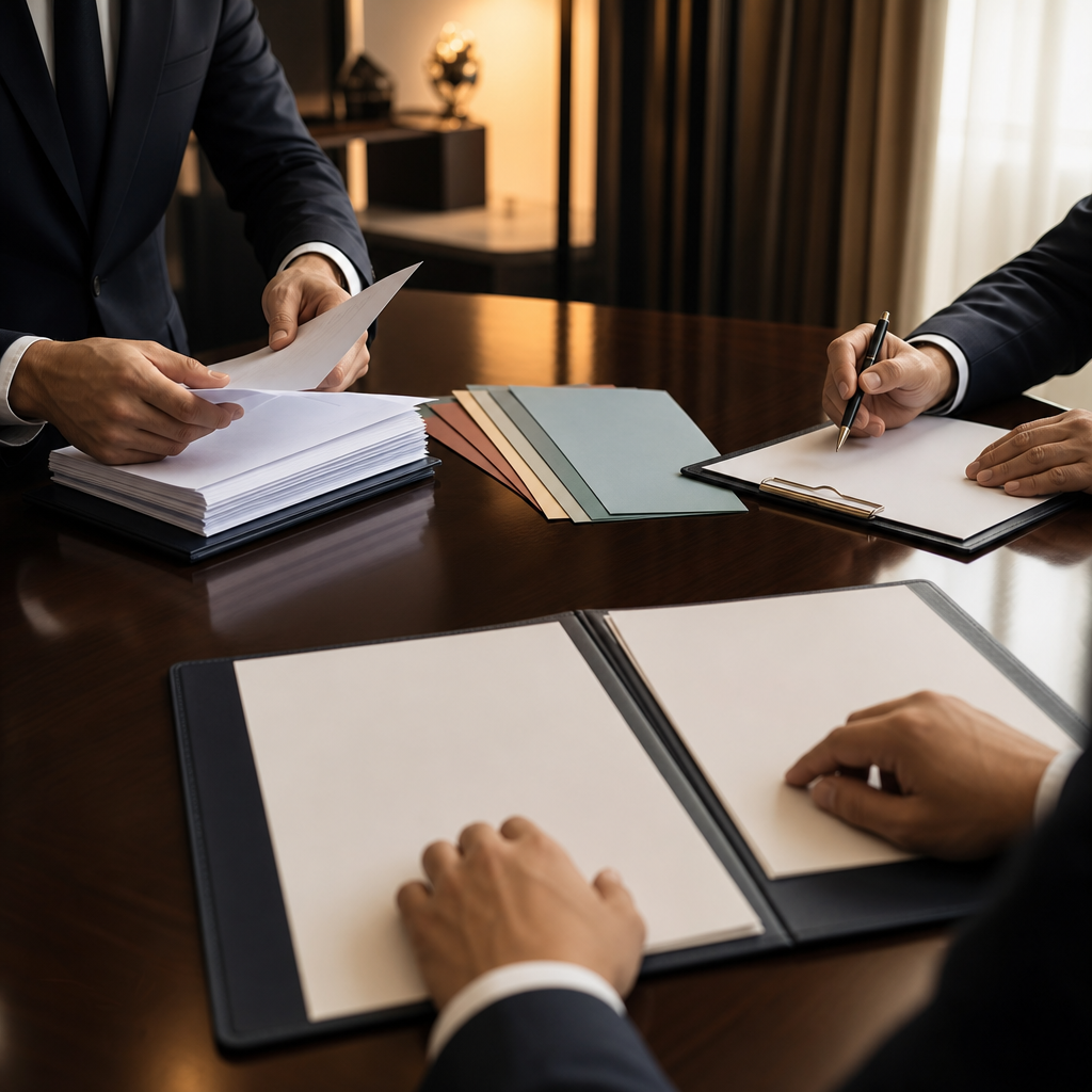 Modern premium editorial photograph, 16:9 landscape, showing a refined government procurement review scene without any…