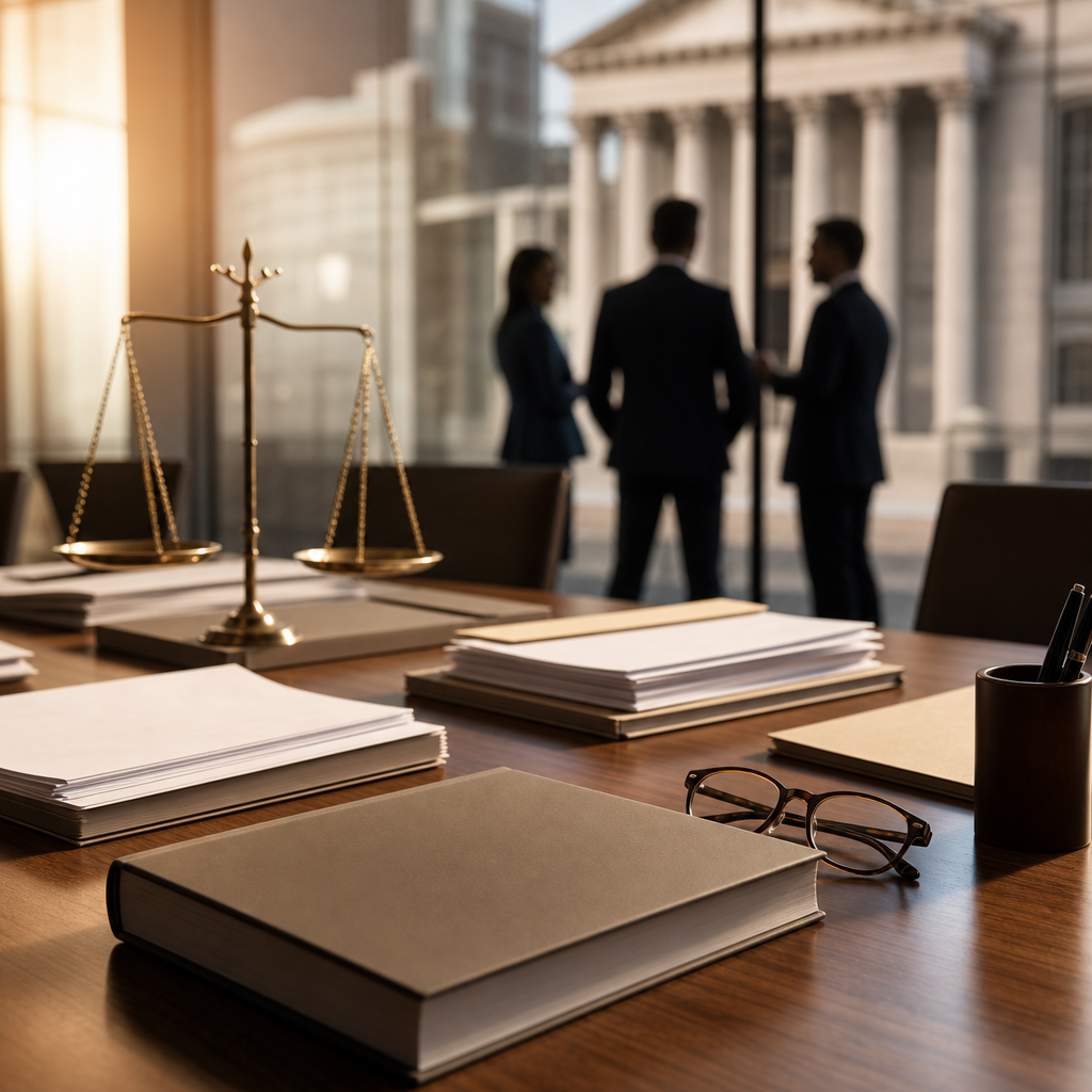 Modern premium editorial photograph, 16:9 landscape, illustrating careful legal analysis of employment benefits after a…