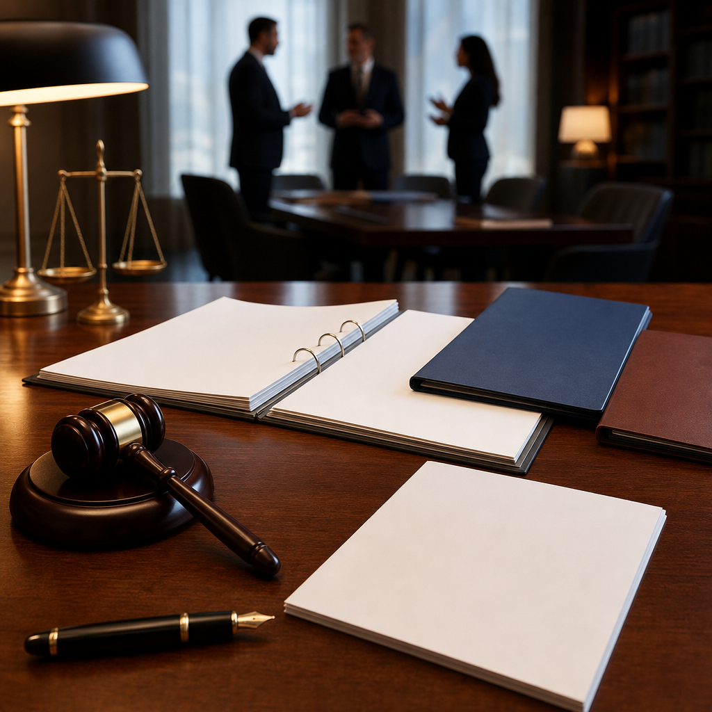 Modern premium editorial photograph, 16:9 landscape, depicting a thoughtful labor law analysis scene in a sophisticated…