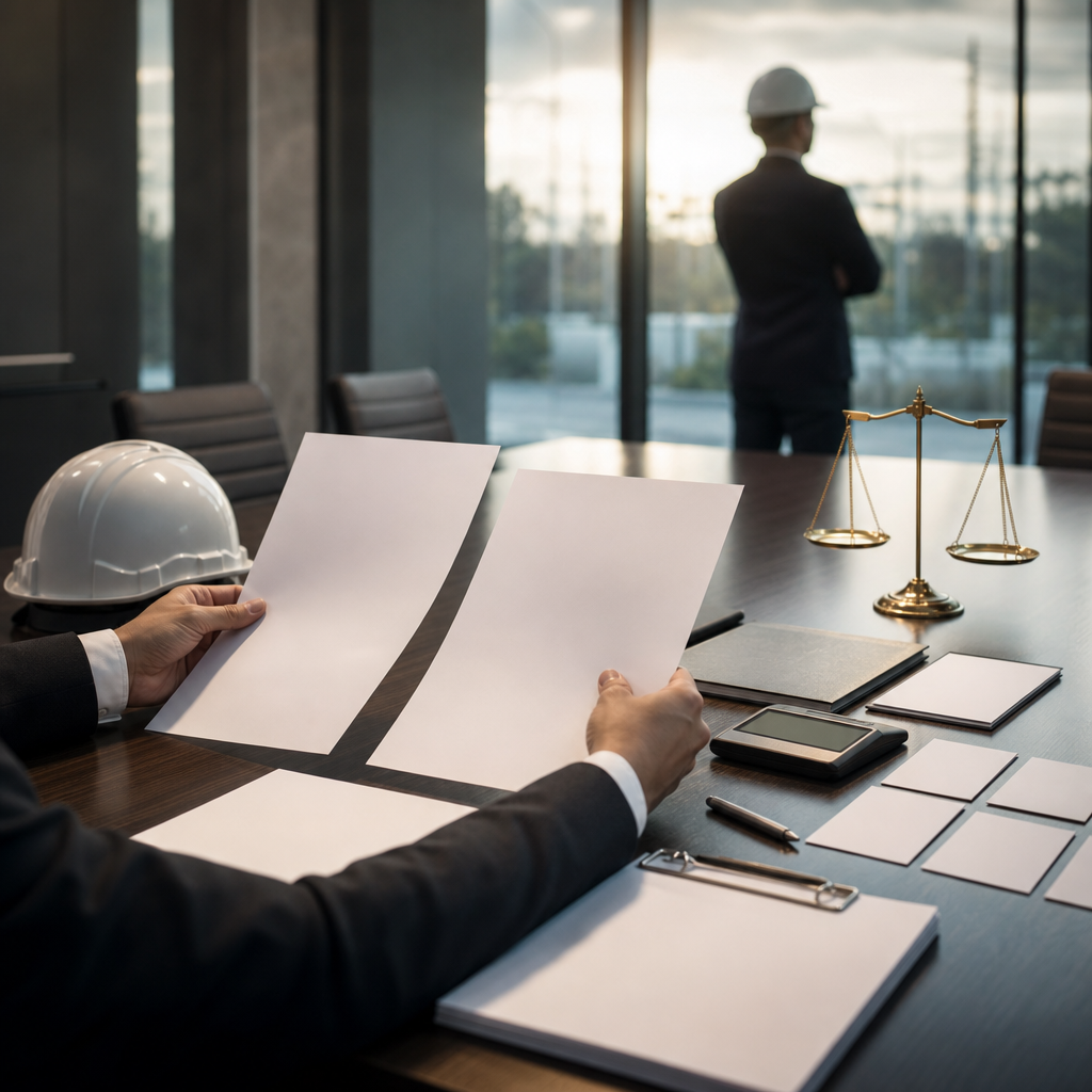 Modern premium editorial photograph, 16:9 landscape, showing a polished conference table in a public administration office…