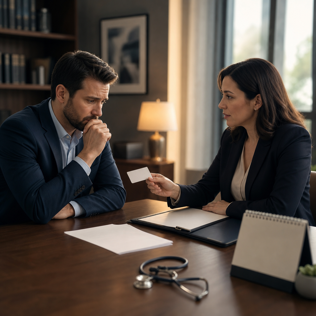 Modern premium editorial photograph, 16:9 landscape, inside a sophisticated HR/legal consultation room. A recently…