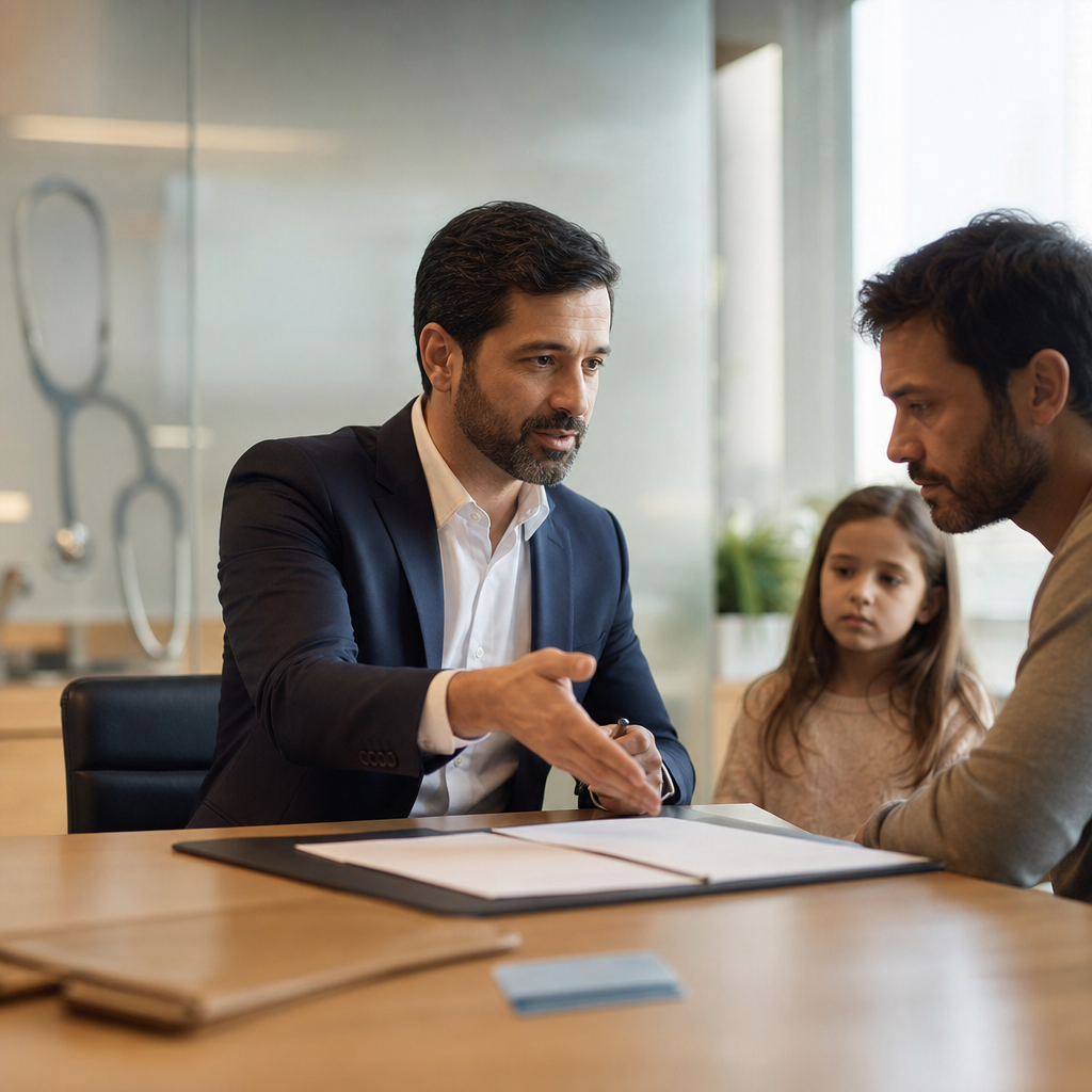 Modern premium editorial photograph, 16:9 landscape, showing a thoughtful office scene about employee health plan…