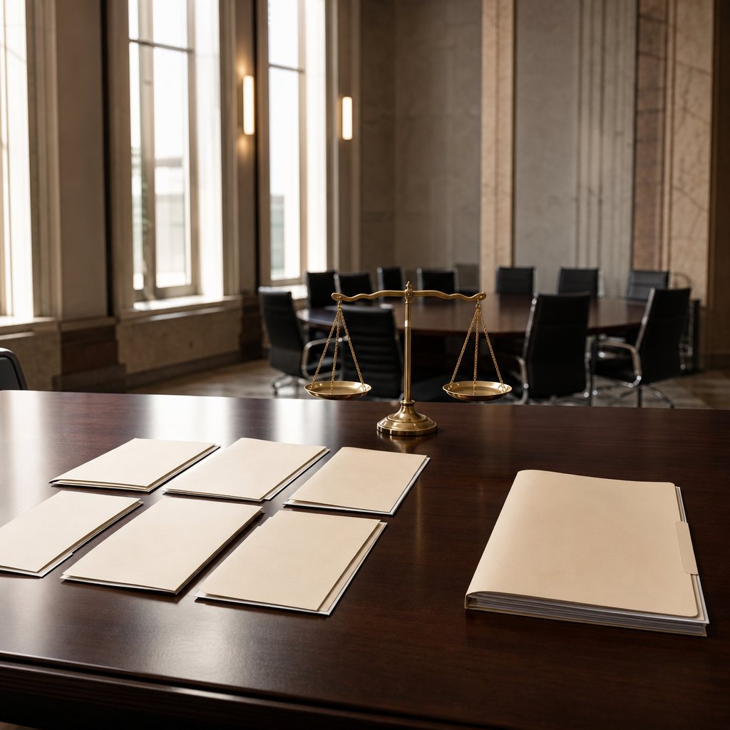 Modern premium editorial photograph, 16:9 landscape, inside a refined public procurement office. A polished conference…