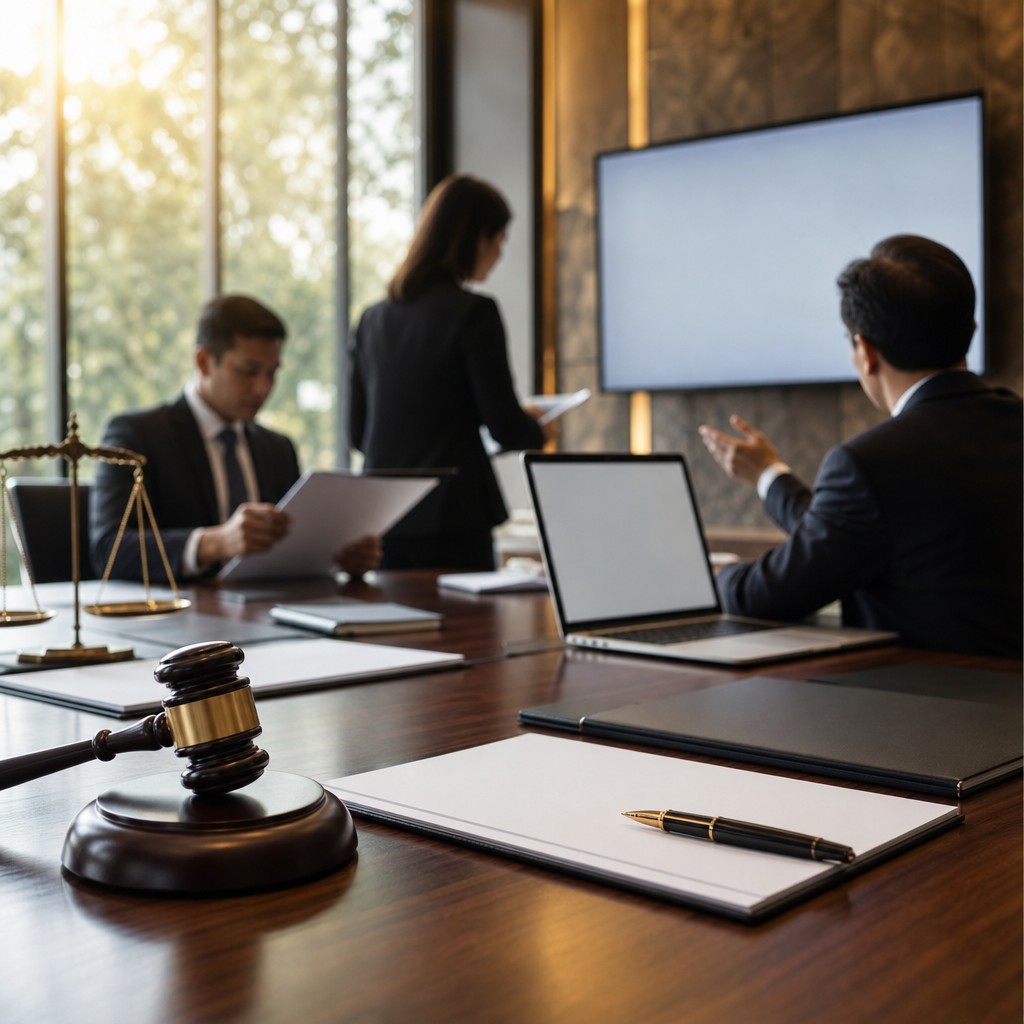 Modern premium editorial photograph, landscape 16:9, depicting a public procurement compliance workflow in a refined…