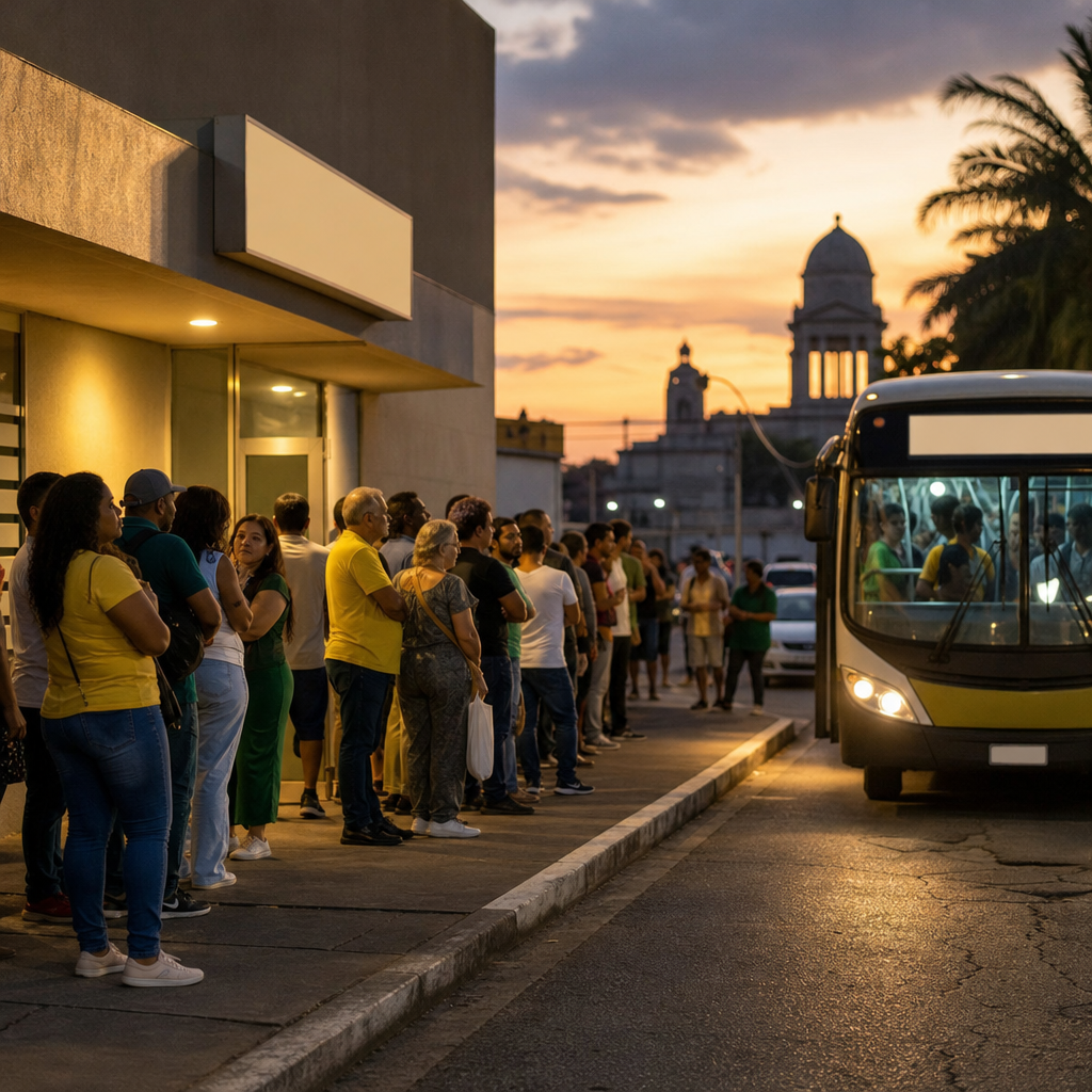 Modern premium editorial photograph, 16:9 landscape, showing a tense election-day scene at dusk in a Brazilian urban…