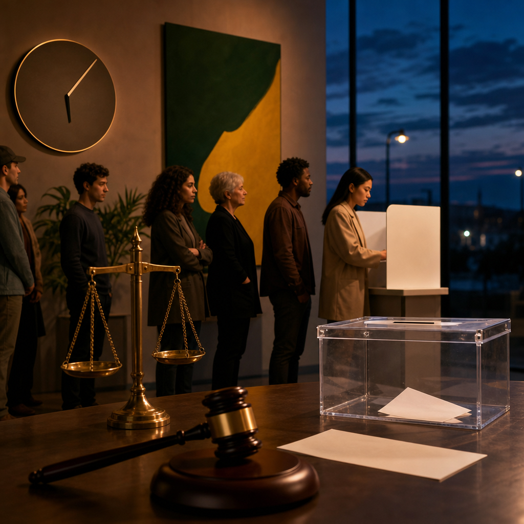 Modern premium editorial photograph, 16:9 landscape, showing a quiet polling place at dusk with a diverse line of voters…