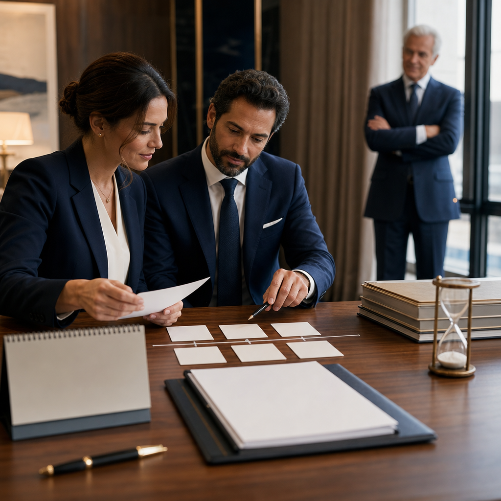 Modern premium editorial photograph, landscape 16:9, inside a refined public administration office. A polished wooden table…