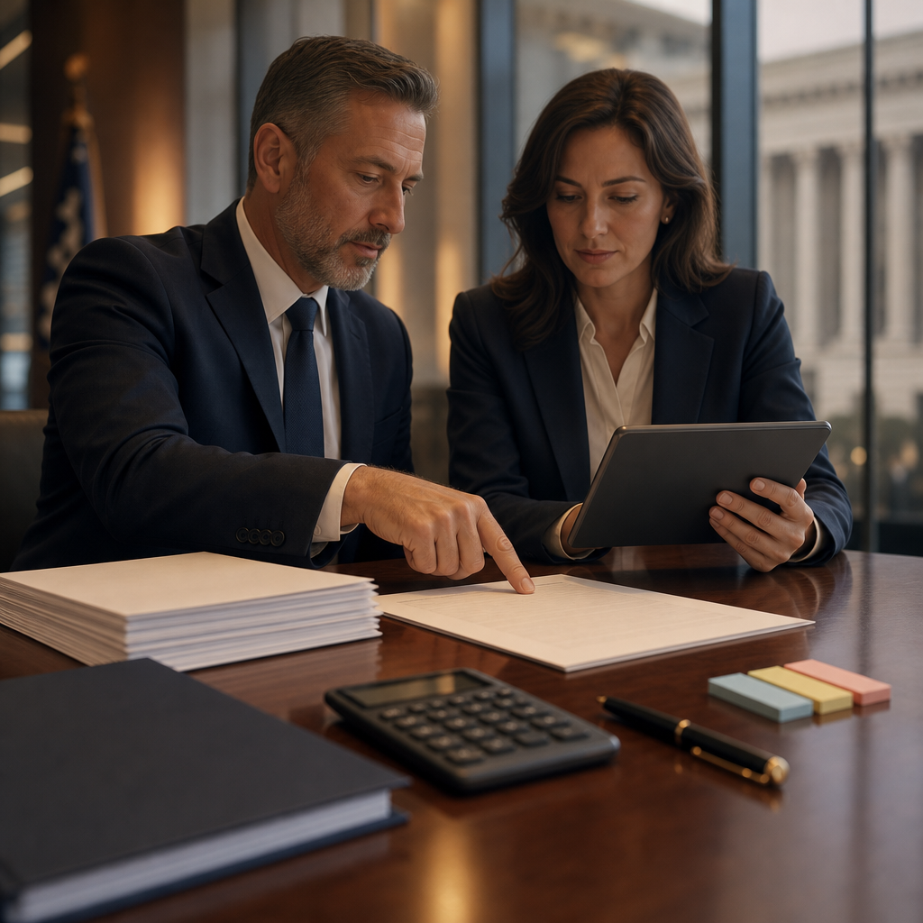 Modern premium editorial photograph, 16:9 landscape, showing a polished conference table in a public-sector office where…