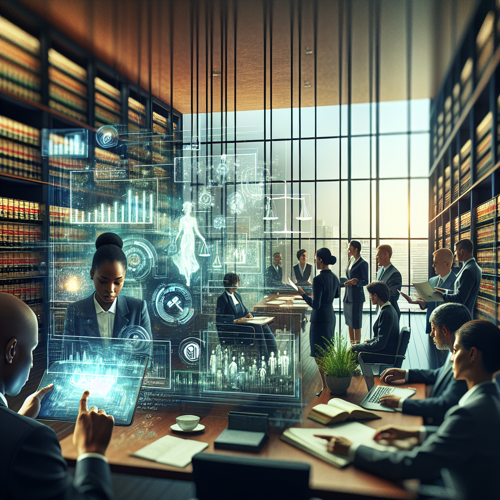 An artistic and modern office setting showcasing a diverse group of legal professionals engaged in a collaborative meeting…
