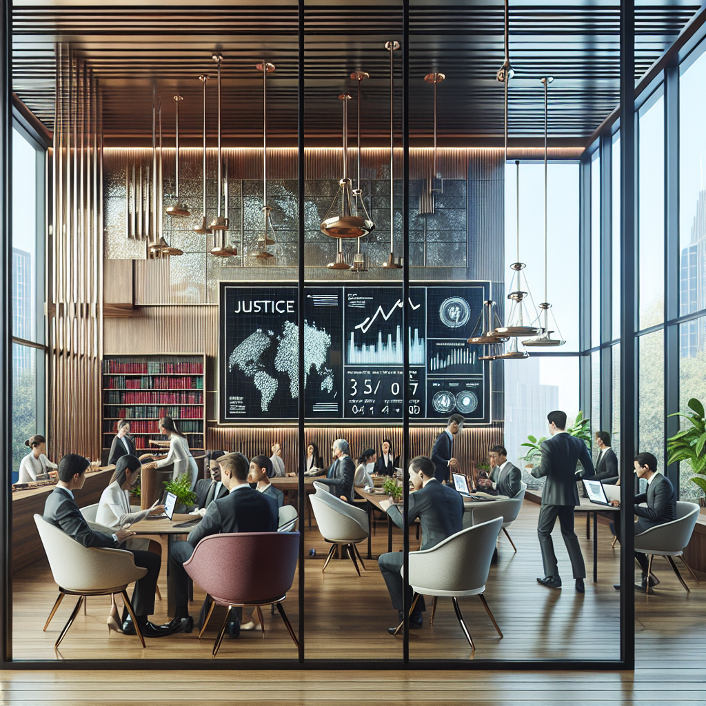 An elegant and modern law office interior showcasing transparency and innovation in the legal system. The scene features a…