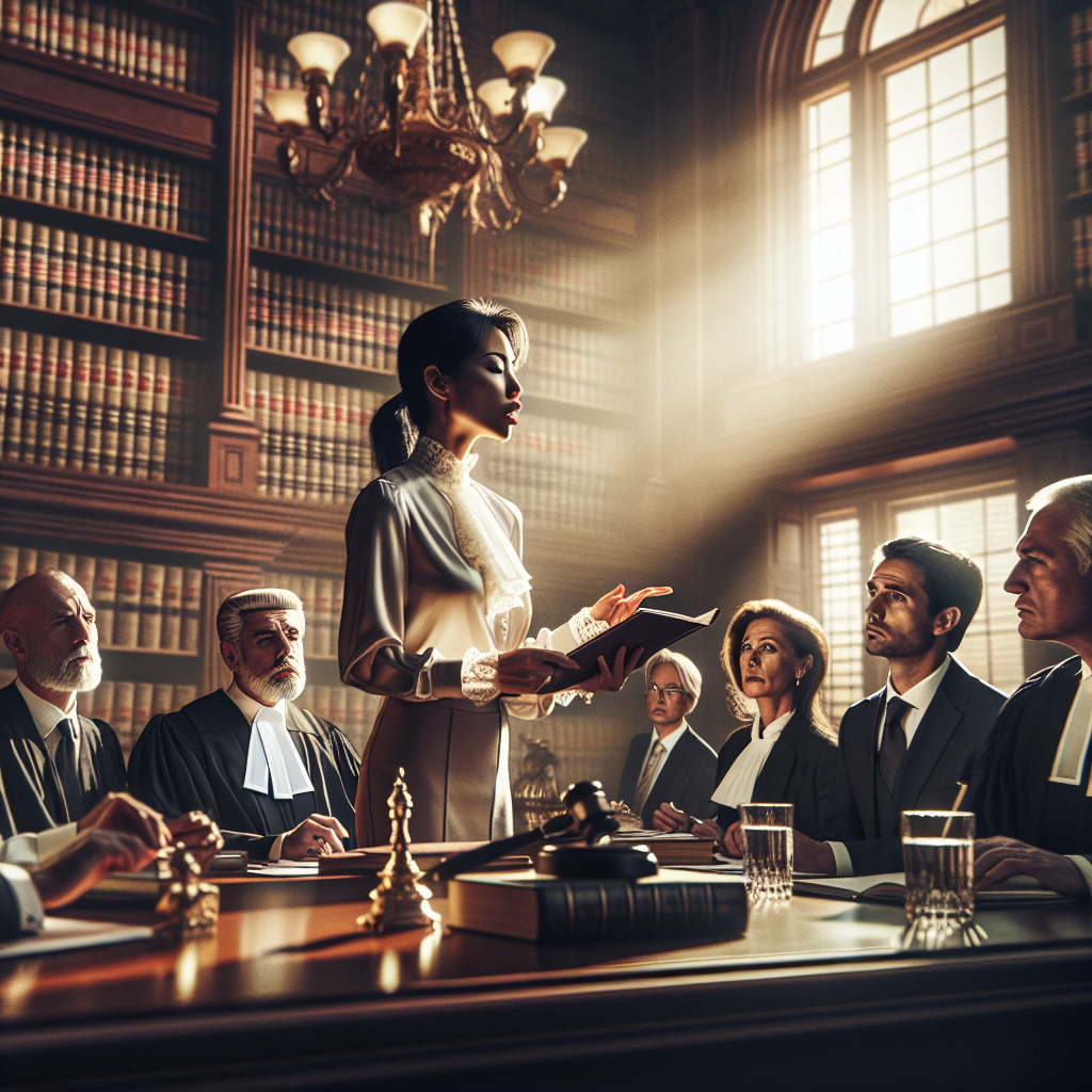 A sophisticated courtroom scene showcasing a diverse group of legal professionals engaged in a dynamic discussion. The…