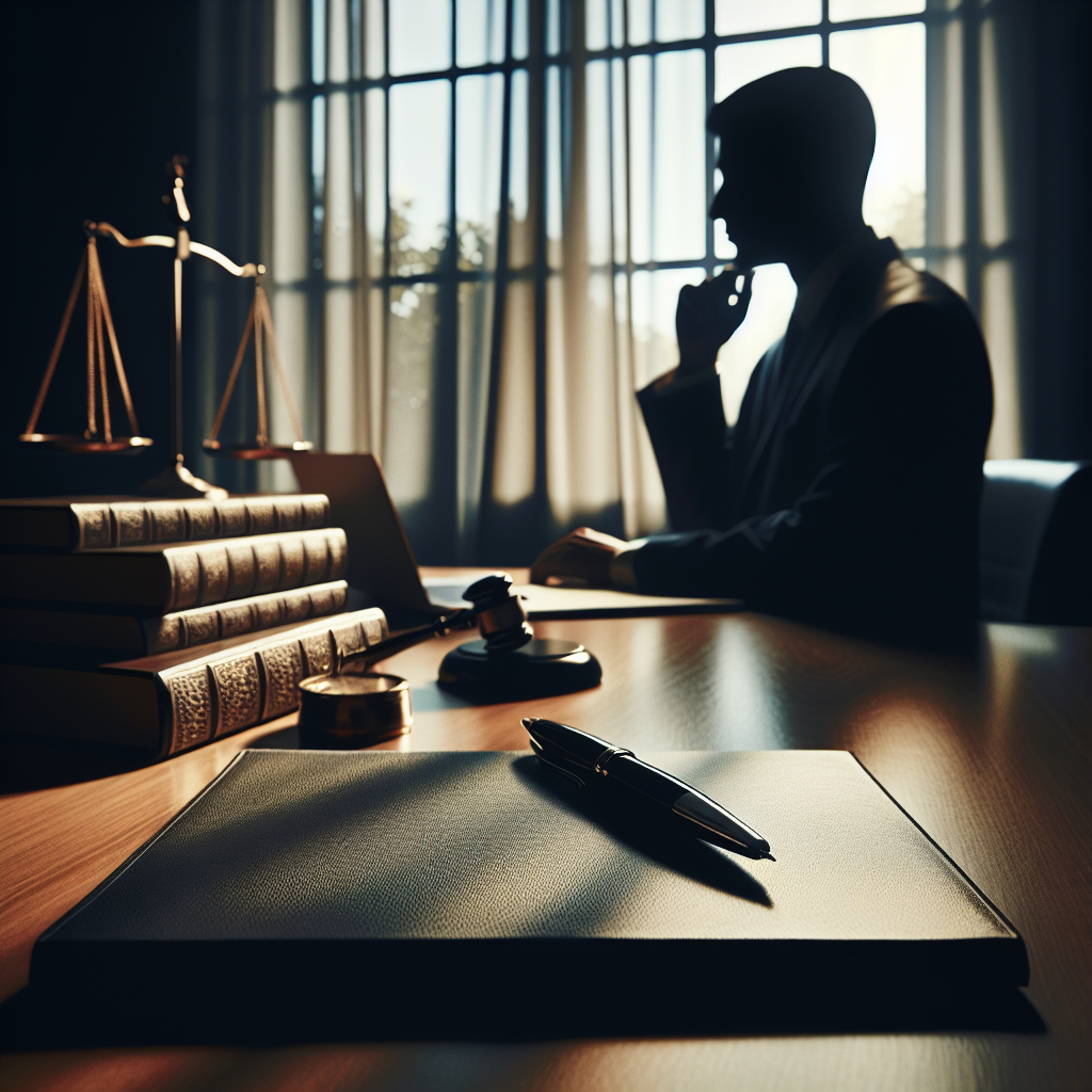 An elegant and modern editorial photograph depicting a law office environment. In the foreground, a polished wooden desk…