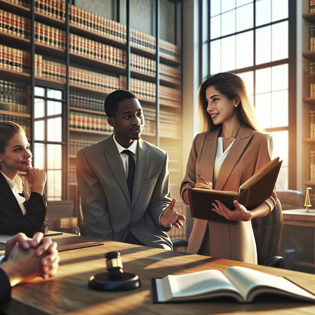A modern and elegant courtroom scene, showcasing a diverse group of individuals engaged in a discussion about legal…