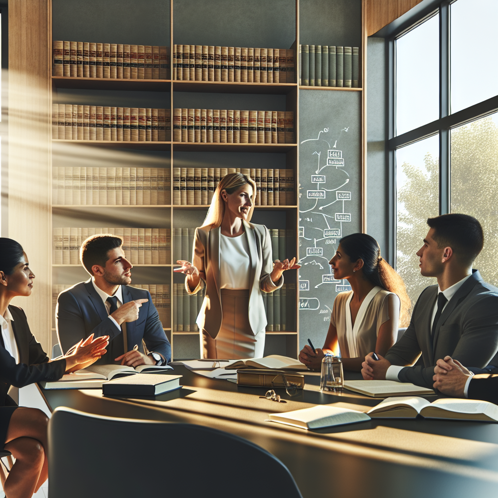 A modern law office interior, featuring a diverse group of professionals engaged in a collaborative discussion. A…