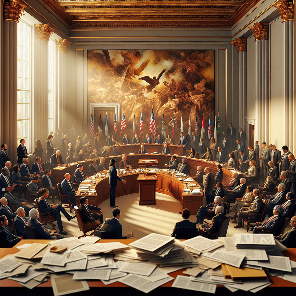 A symbolic representation of a legislative chamber, focusing on a large, imposing table surrounded by diverse lawmakers…