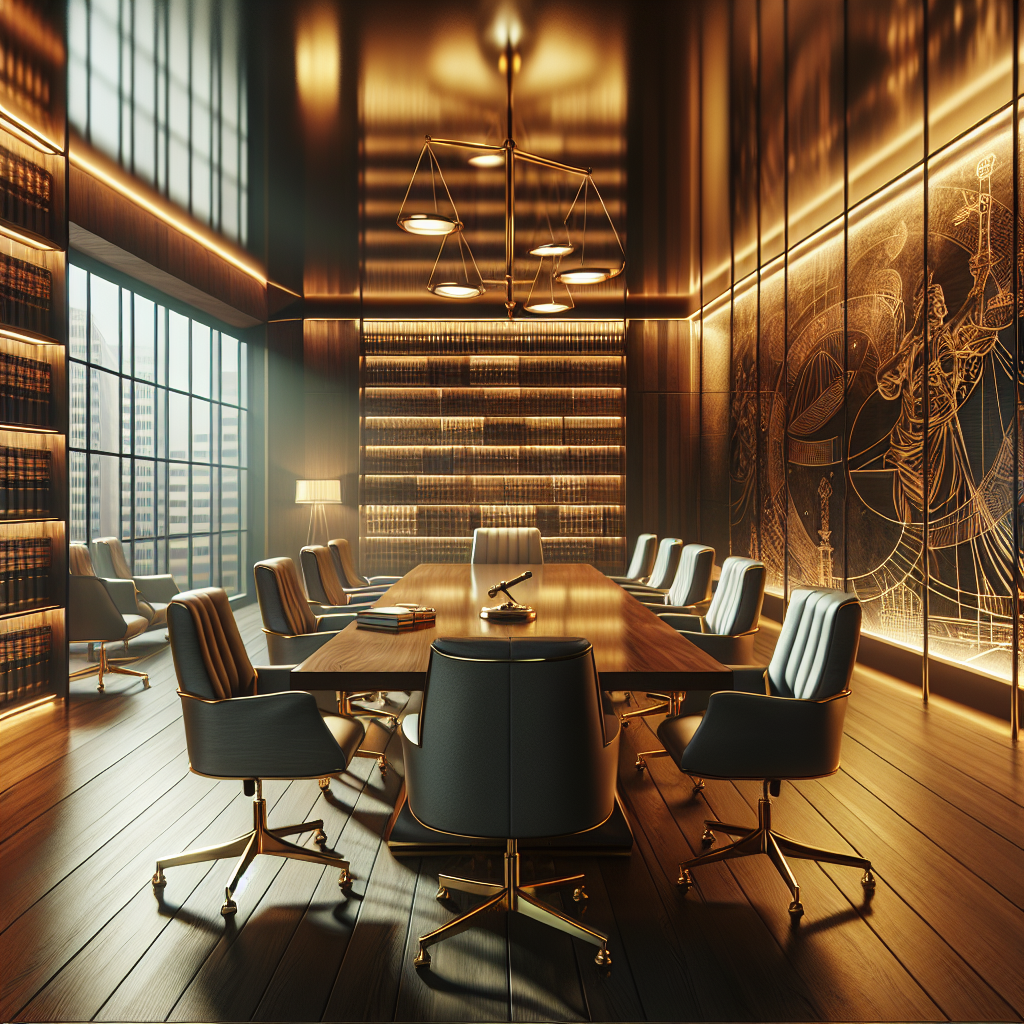A sophisticated law office interior, highlighting a sleek conference room with a large wooden table surrounded by modern…