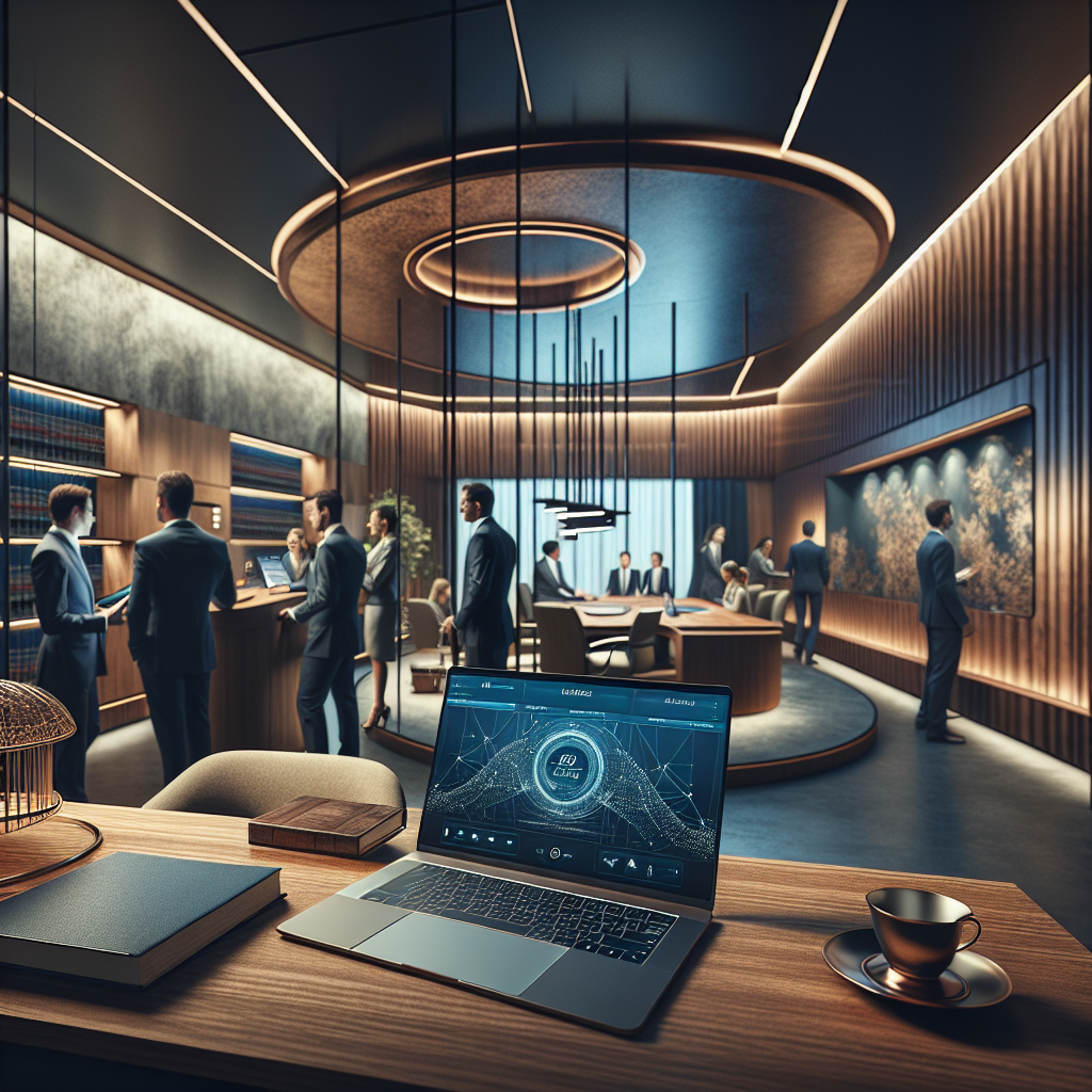 An elegant modern law office interior, showcasing a clean and sophisticated workspace. In the foreground, a sleek wooden…