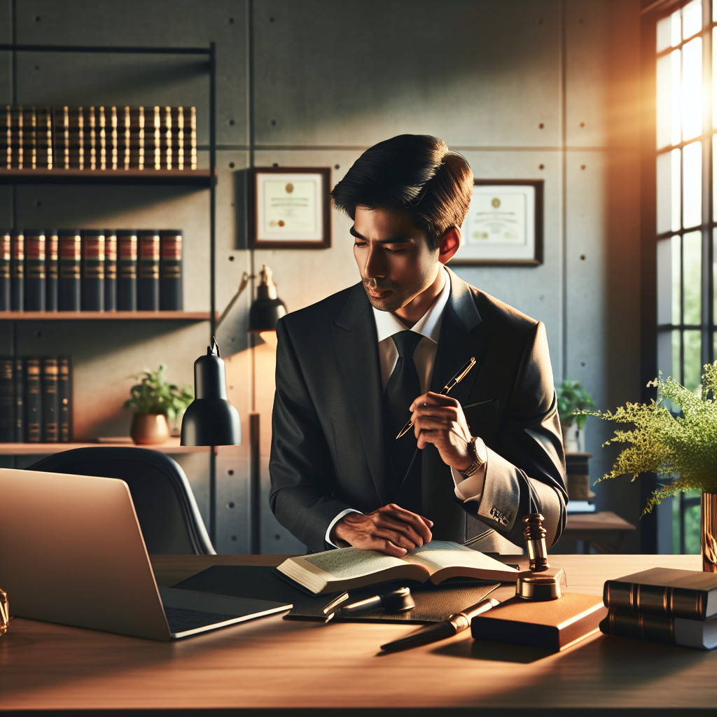 A modern law office interior, showcasing a stylish desk with legal books and a laptop open, bathed in warm, soft lighting…