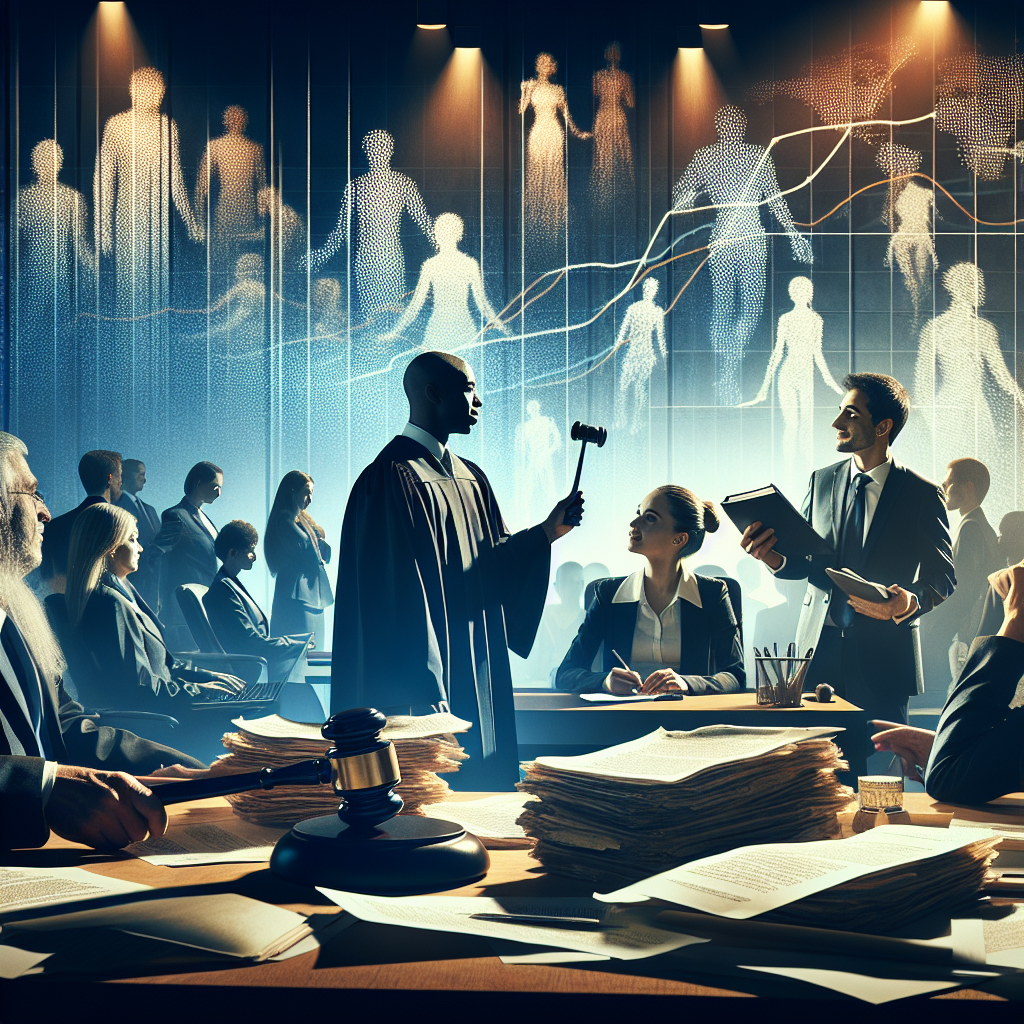 A modern courtroom scene, showcasing a judge presiding over a case with a focus on a gavel striking a sound block. In the…