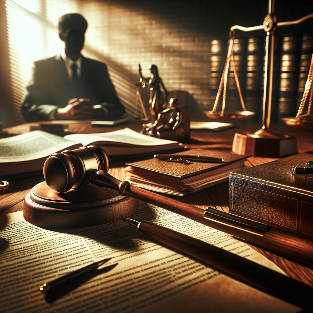A professional editorial photograph depicting a modern courtroom scene, showcasing a judge's gavel on a wooden bench, with…