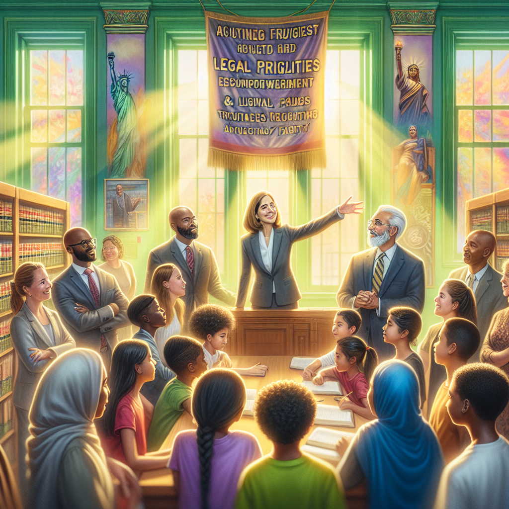 A dynamic and engaging scene depicting a diverse group of individuals, including a lawyer, community members, and children…