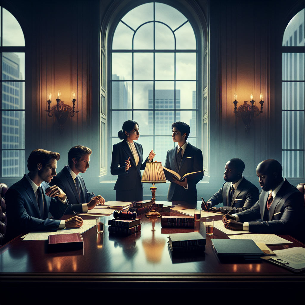 An editorial-style photograph depicting a diverse group of lawyers engaged in a passionate discussion around a large…