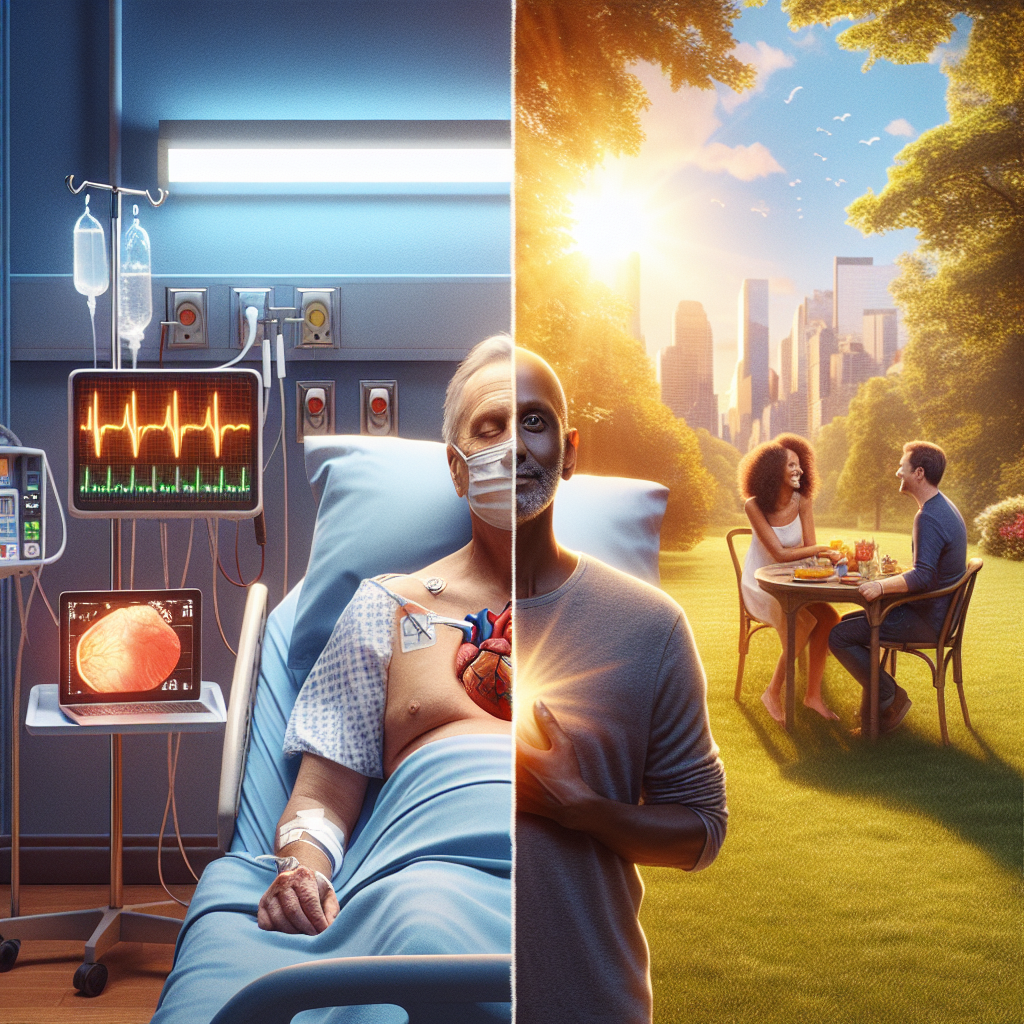 A modern, editorial photograph depicting a split scene: on one side, a somber, moody representation of a hospital room with…