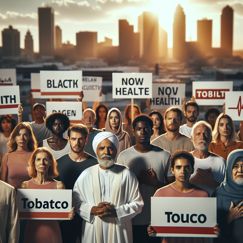 A powerful visual representation of public health advocacy against tobacco. In the foreground, a group of diverse…